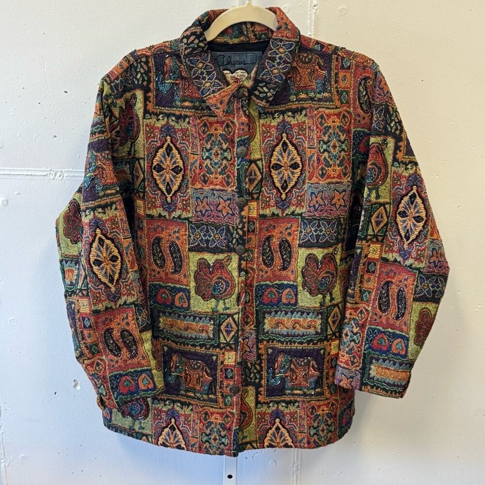 Chico’s Vintage Tapestry Sequin Patchwork Jacket Shaket Medium